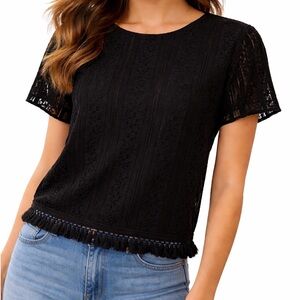 Michael Kors Black Lace Fringe Short Sleeve Top • Size Medium • LIKE NEW